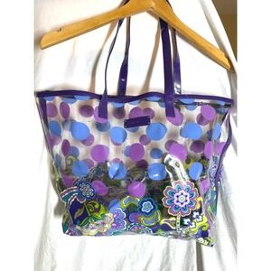 Vera Bradley Clear PVC Polka Dot Floral Paisley Tote Bag with Pouch Purple Teal